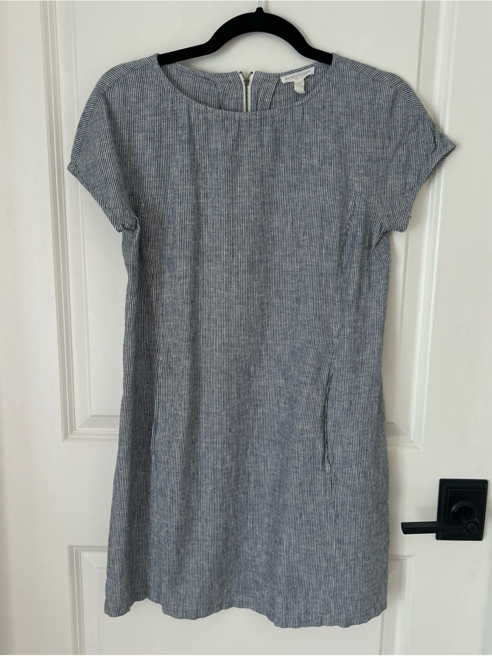 Eileen Fisher Hemp Cotton Pinstripe Shift Dress Pockets Blue White Size PP/XSP